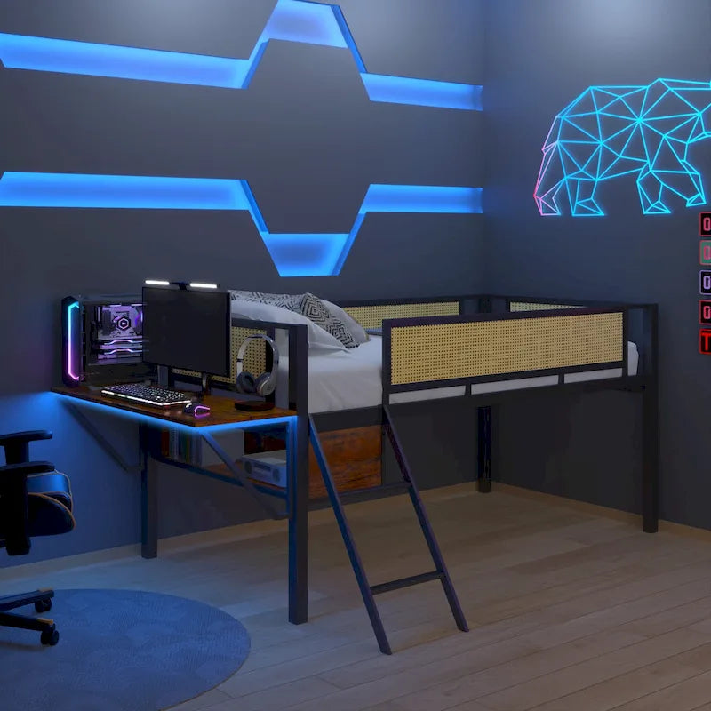 Lit mezzanine en métal avec bureau, lumières LED et rangement