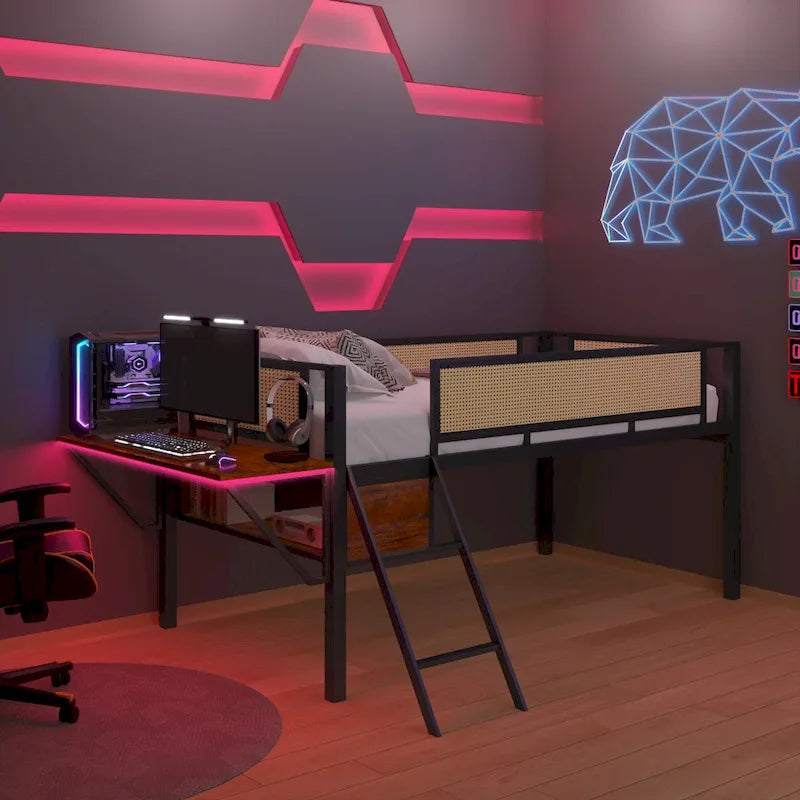 Lit mezzanine en métal avec bureau, lumières LED et rangement