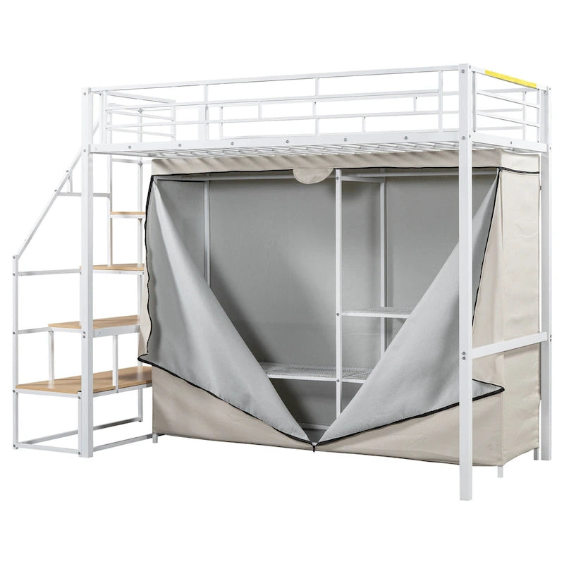 Lit mezzanine simple en métal avec armoire et étagères de rangement pour enfants