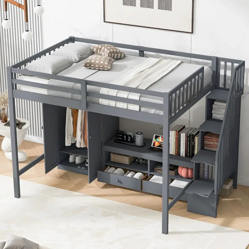 Full Size Solid Wood Loft Bed with Wardrobe and Storage Table