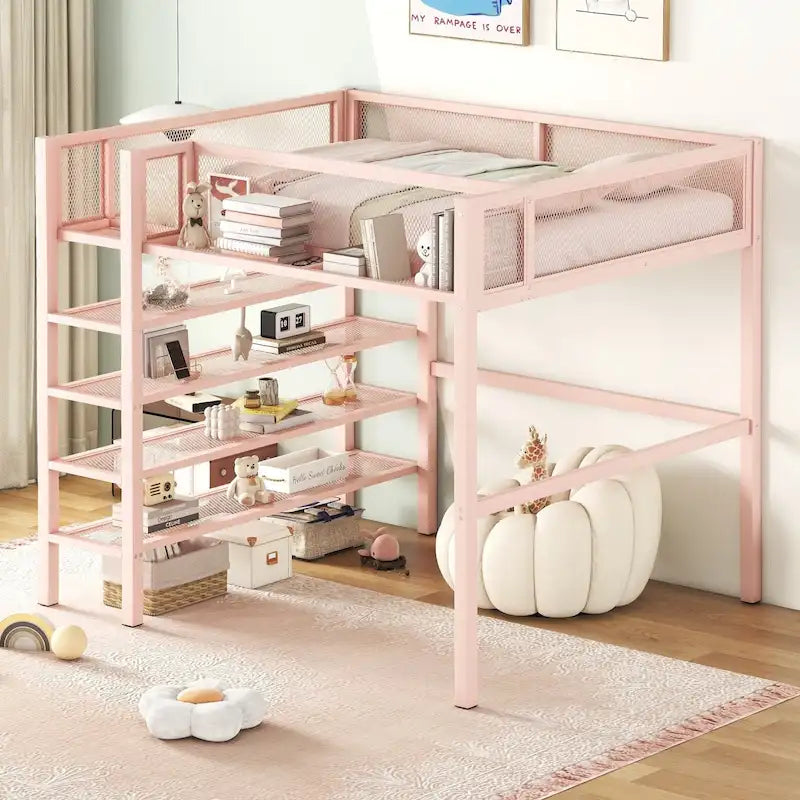 Lit mezzanine rose entièrement métallique avec poste de travail