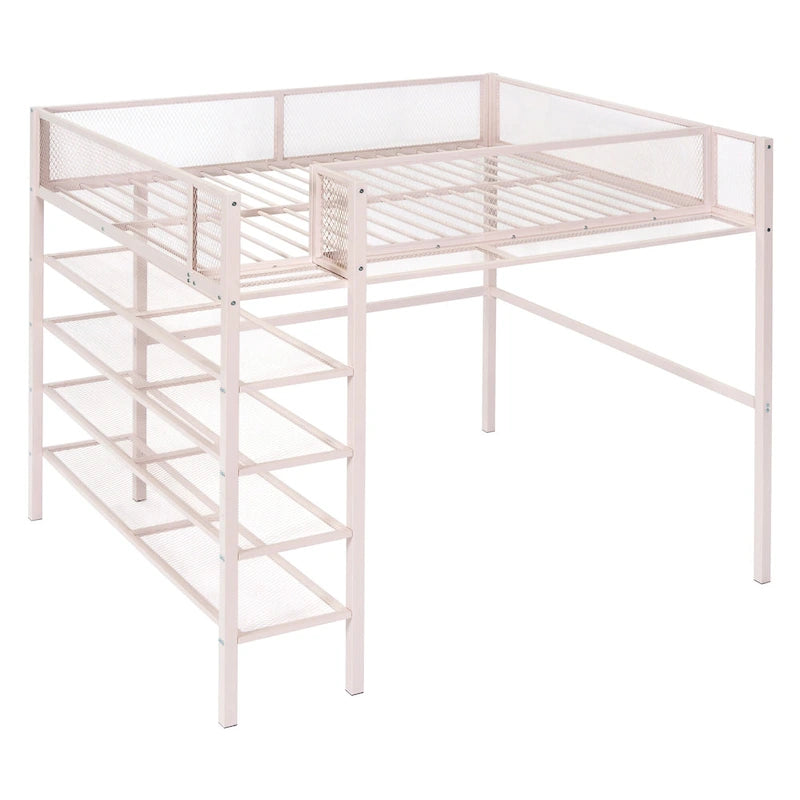 Lit mezzanine rose entièrement métallique avec poste de travail