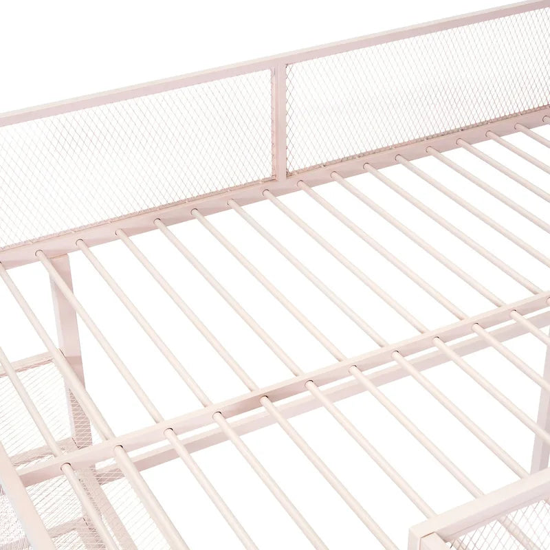 Lit mezzanine rose entièrement métallique avec poste de travail