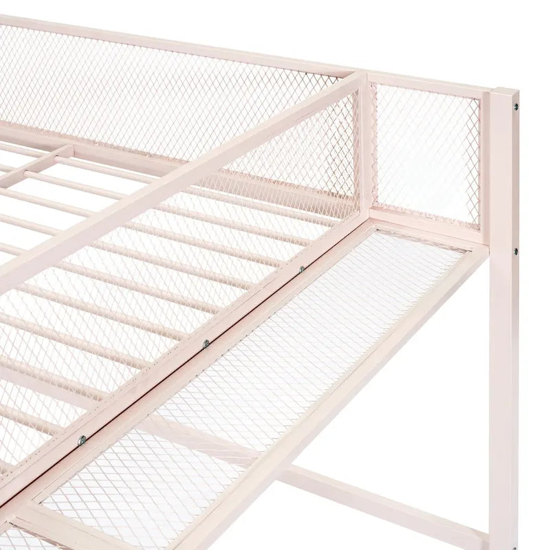Lit mezzanine rose entièrement métallique avec poste de travail