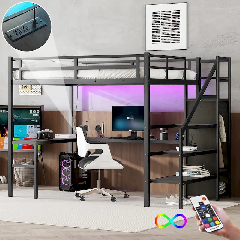 Lit mezzanine en métal de taille XL avec bureau en L, port USB et LED pour enfants et adolescents