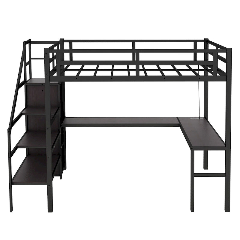 Lit mezzanine en métal de taille XL avec bureau en L, port USB et LED pour enfants et adolescents