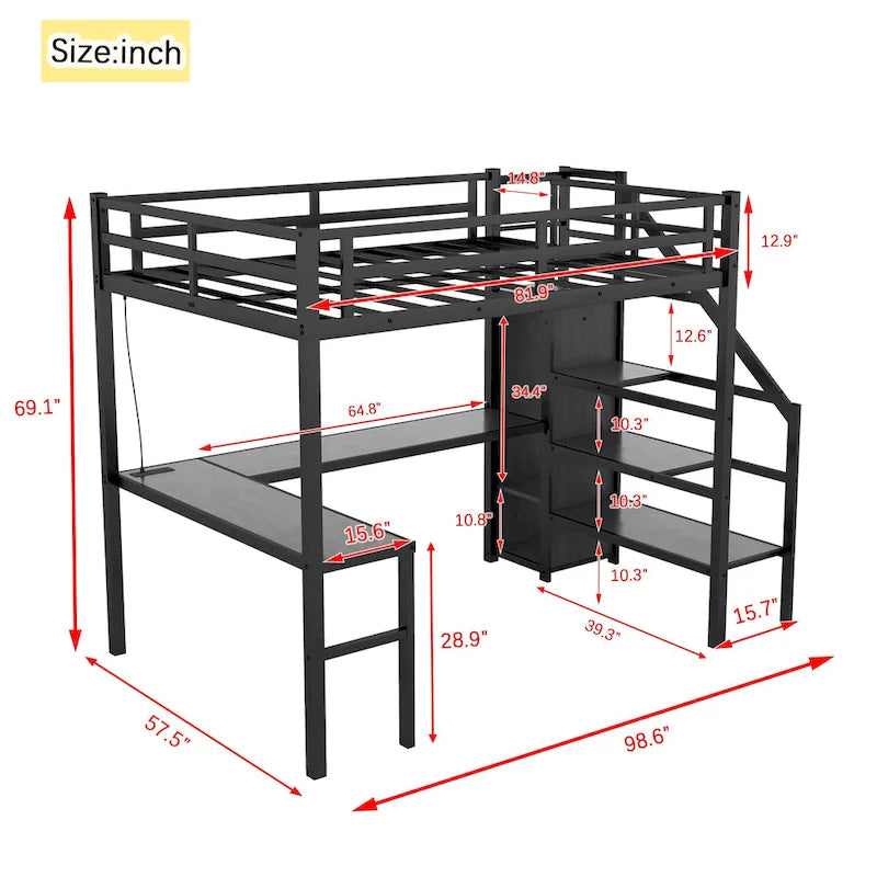 Lit mezzanine en métal de taille XL avec bureau en L, port USB et LED pour enfants et adolescents