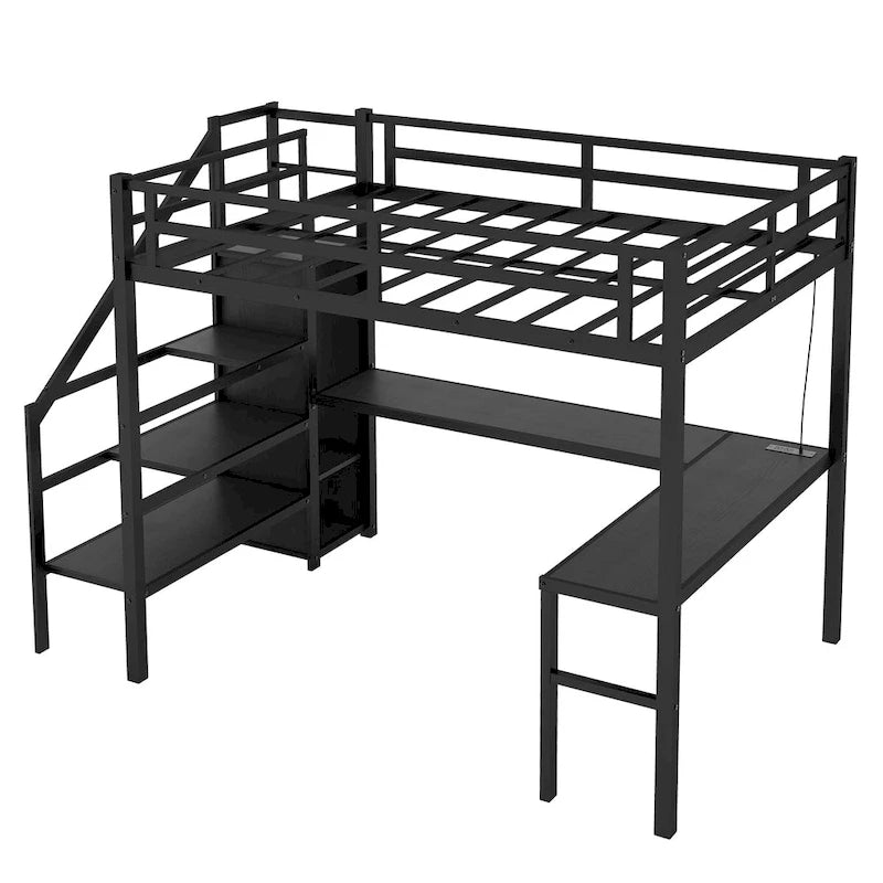 Lit mezzanine en métal de taille XL avec bureau en L, port USB et LED pour enfants et adolescents