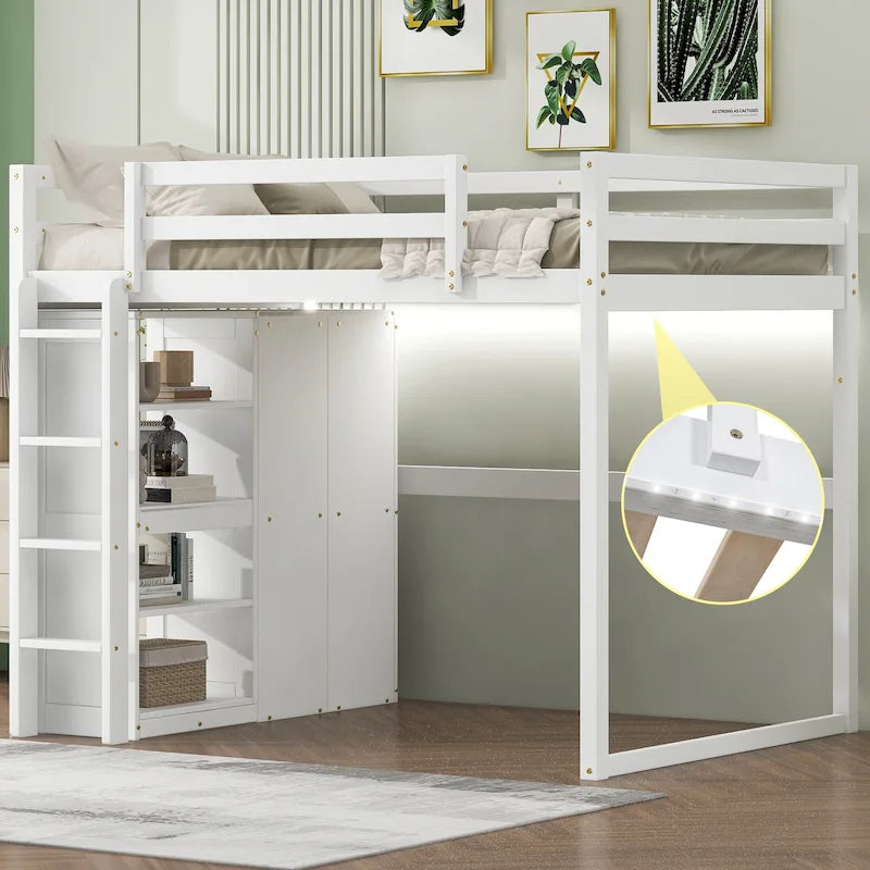 Lit mezzanine pleine grandeur en bois avec armoire et étagères de rangement