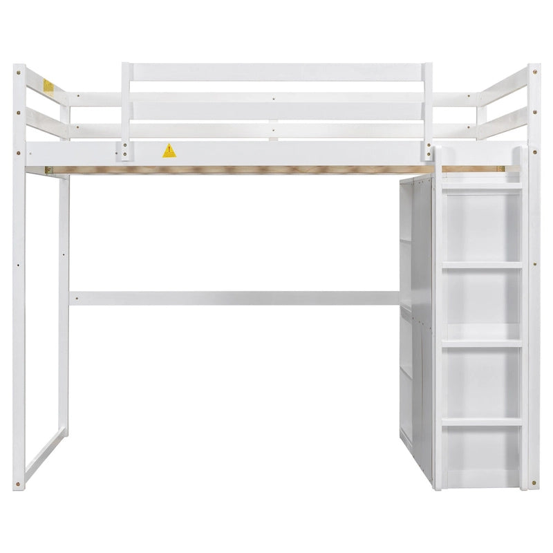 Lit mezzanine pleine grandeur en bois avec armoire et étagères de rangement