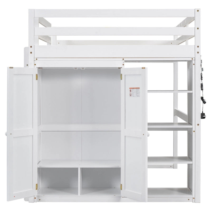 Lit mezzanine pleine grandeur en bois avec armoire et étagères de rangement
