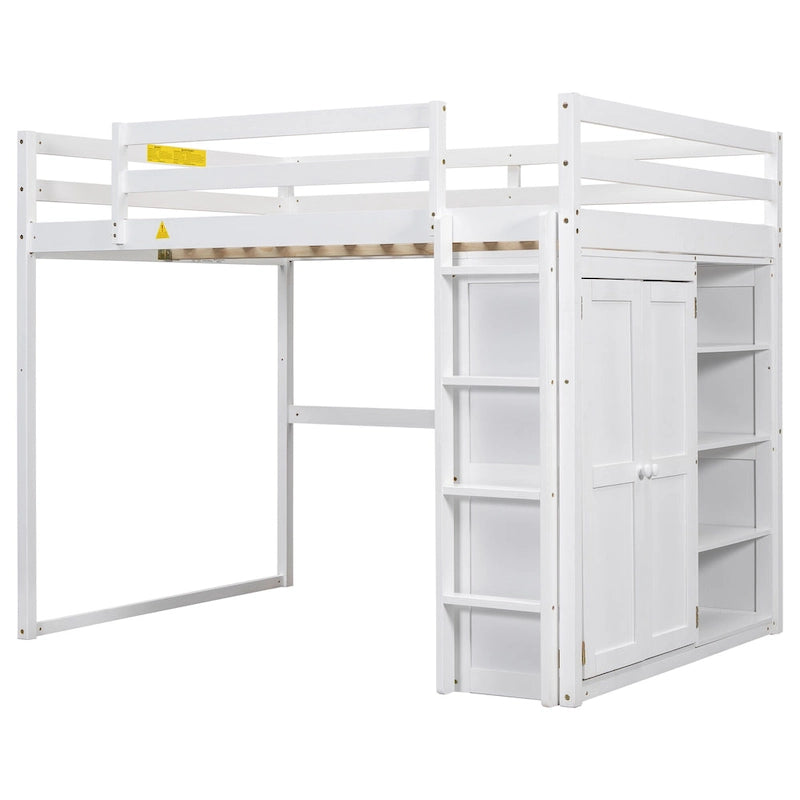 Lit mezzanine pleine grandeur en bois avec armoire et étagères de rangement