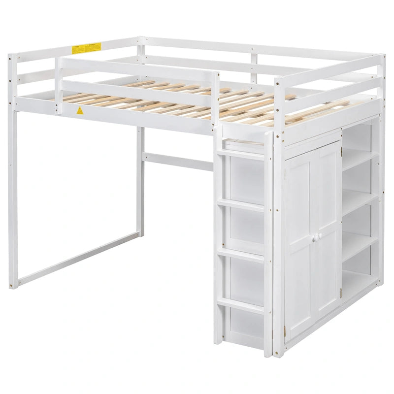 Lit mezzanine pleine grandeur en bois avec armoire et étagères de rangement