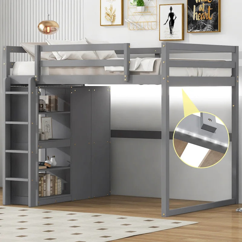 Lit mezzanine pleine grandeur en bois avec armoire et étagères de rangement