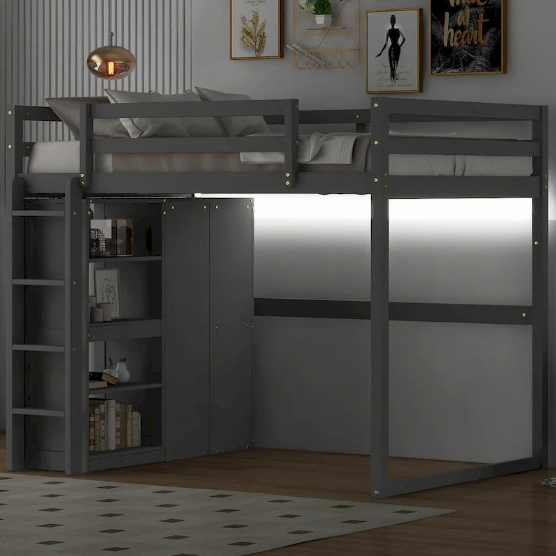 Lit mezzanine pleine grandeur en bois avec armoire et étagères de rangement