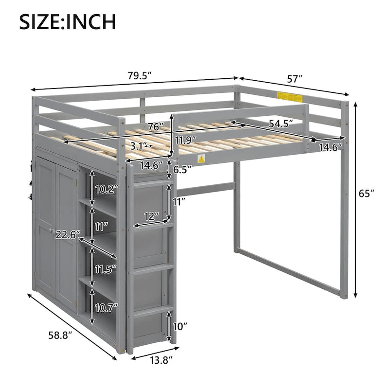 Lit mezzanine pleine grandeur en bois avec armoire et étagères de rangement