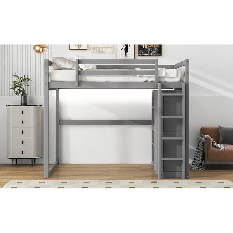 Lit mezzanine pleine grandeur en bois avec armoire et étagères de rangement