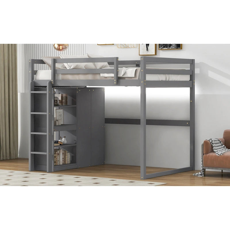 Lit mezzanine pleine grandeur en bois avec armoire et étagères de rangement