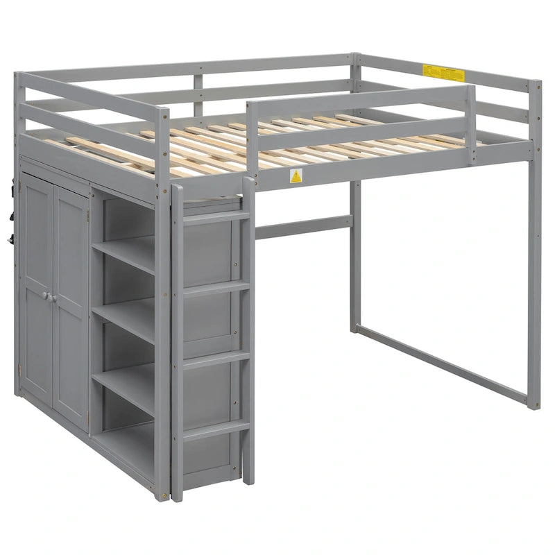 Lit mezzanine pleine grandeur en bois avec armoire et étagères de rangement