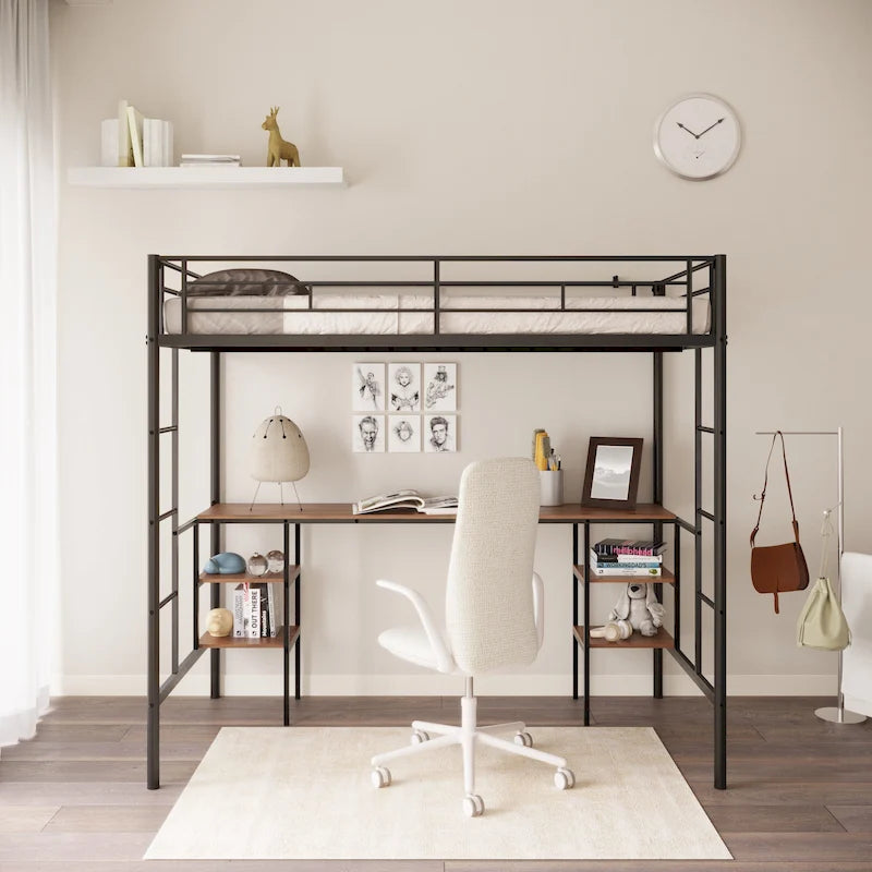 Lit mezzanine double en métal avec table, étagères et garde-corps