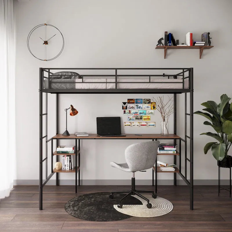 Lit mezzanine double en métal avec table, étagères et garde-corps