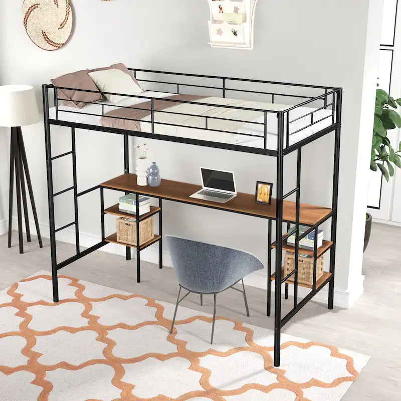 Lit mezzanine double en métal avec table, étagères et garde-corps