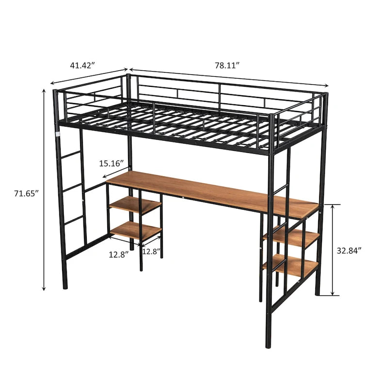 Lit mezzanine double en métal avec table, étagères et garde-corps