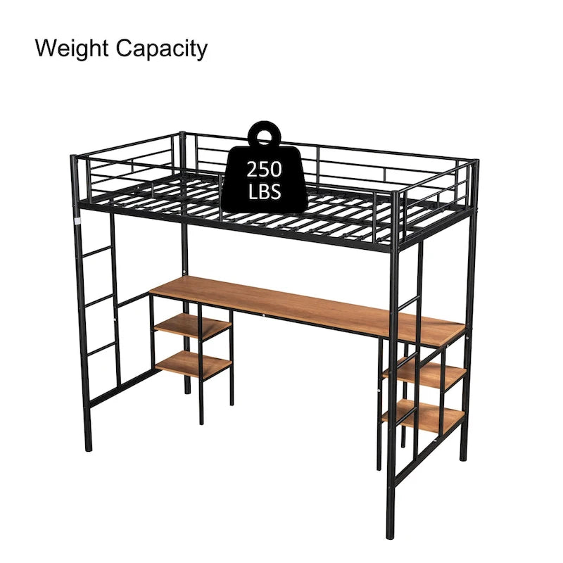Lit mezzanine double en métal avec table, étagères et garde-corps