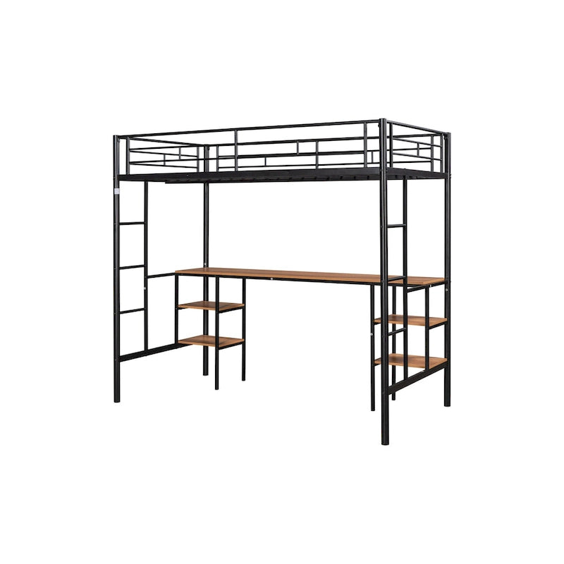 Lit mezzanine double en métal avec table, étagères et garde-corps