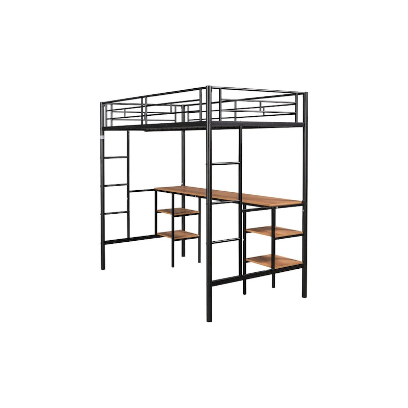 Lit mezzanine double en métal avec table, étagères et garde-corps