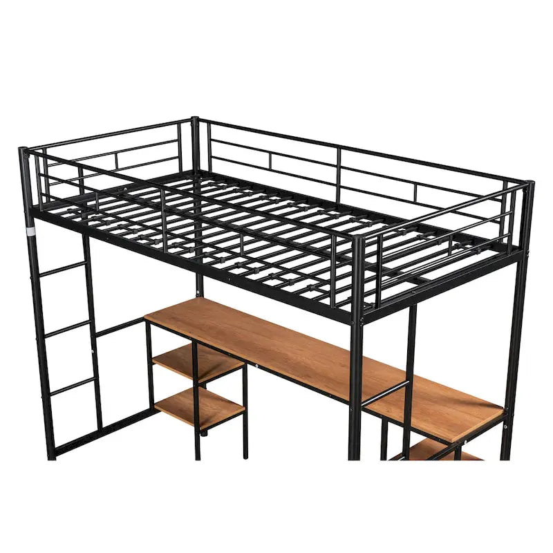 Lit mezzanine double en métal avec table, étagères et garde-corps