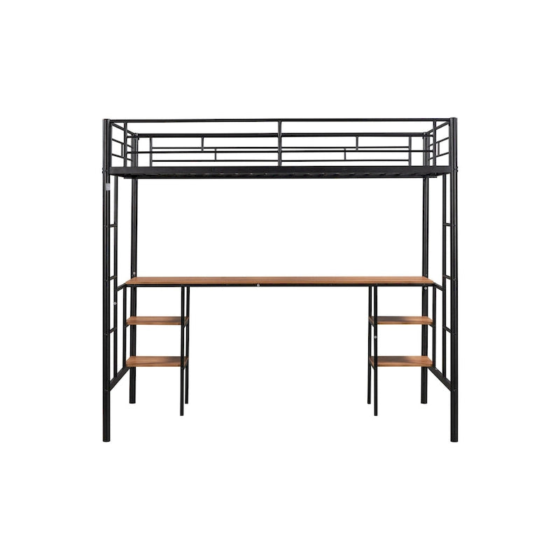 Lit mezzanine double en métal avec table, étagères et garde-corps