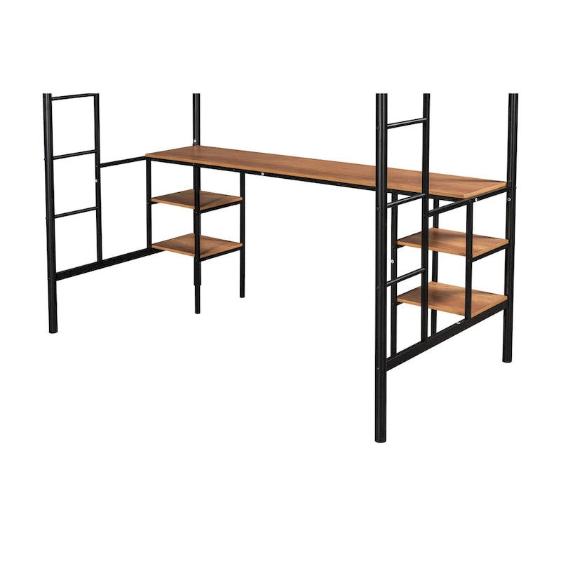 Lit mezzanine double en métal avec table, étagères et garde-corps