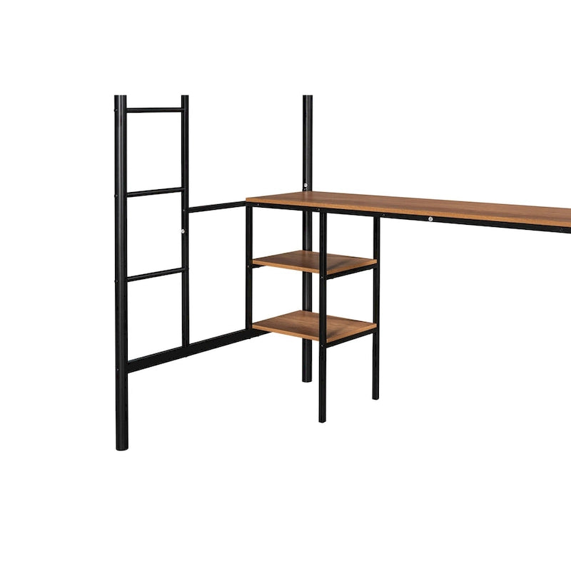 Lit mezzanine double en métal avec table, étagères et garde-corps