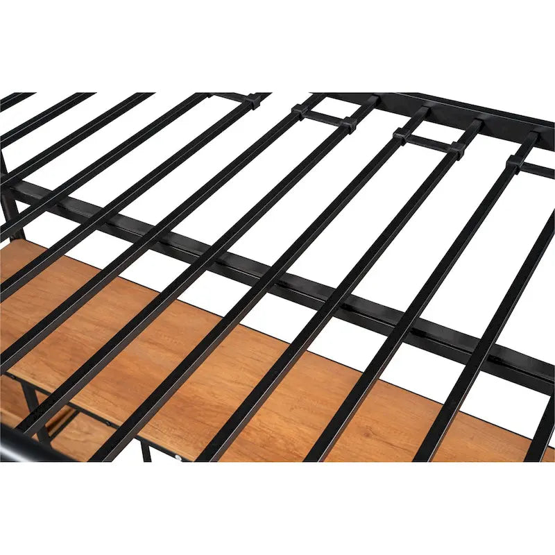 Lit mezzanine double en métal avec table, étagères et garde-corps