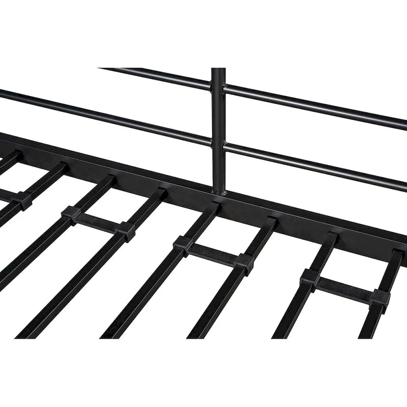 Lit mezzanine double en métal avec table, étagères et garde-corps