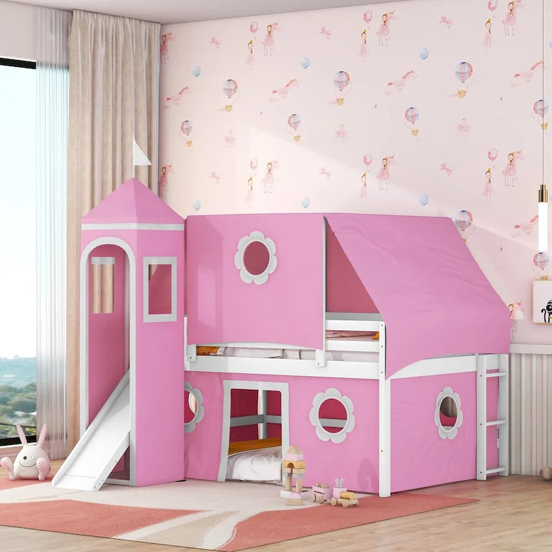 Lit mezzanine cabane grandeur nature en bois massif mignon avec toboggan, tente et tour pour enfants