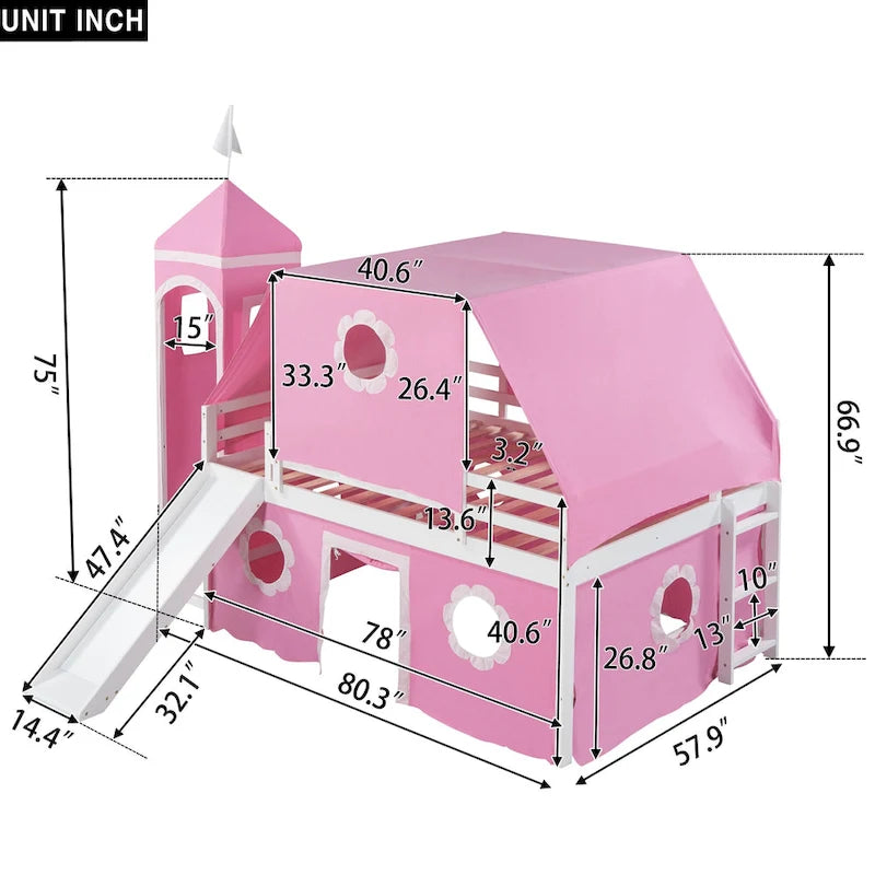 Lit mezzanine cabane grandeur nature en bois massif mignon avec toboggan, tente et tour pour enfants