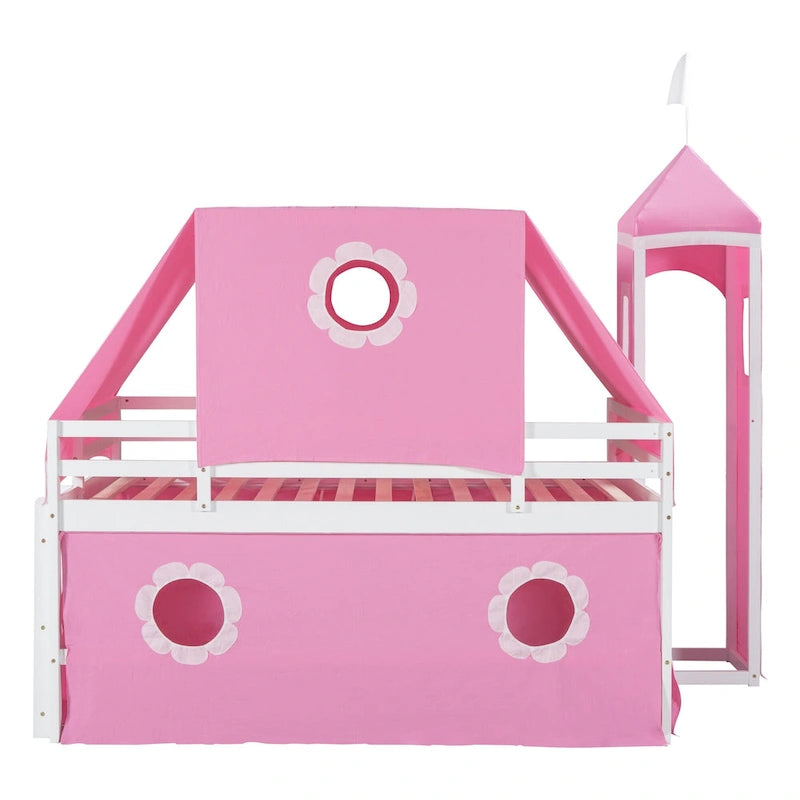 Lit mezzanine cabane grandeur nature en bois massif mignon avec toboggan, tente et tour pour enfants
