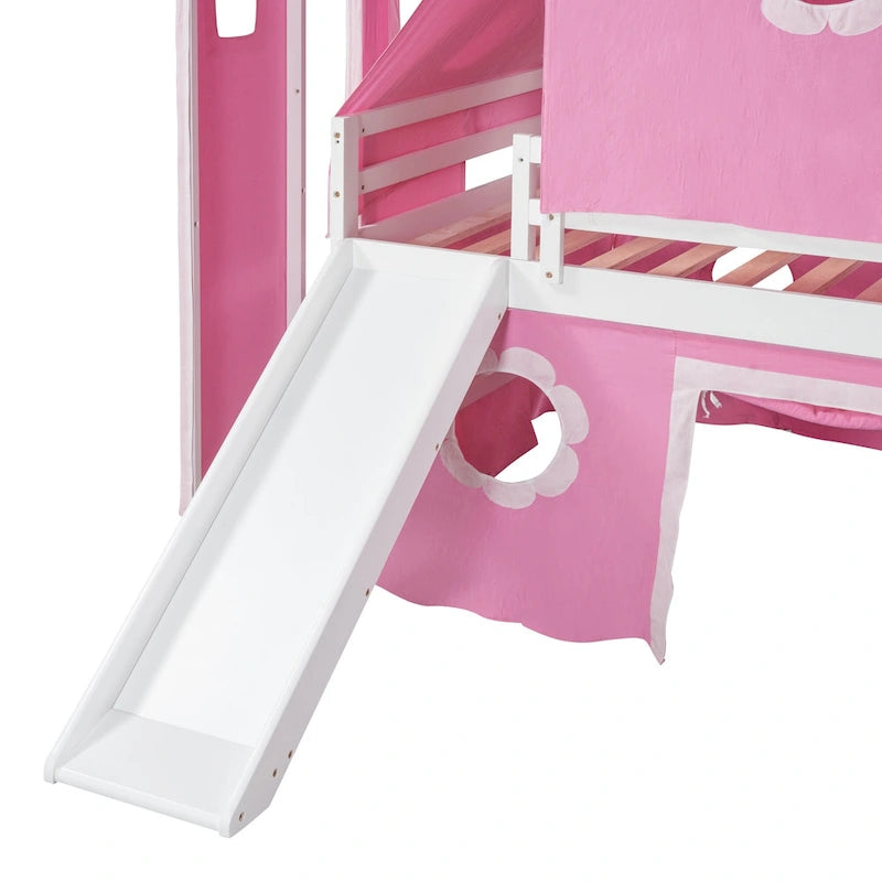 Lit mezzanine cabane grandeur nature en bois massif mignon avec toboggan, tente et tour pour enfants