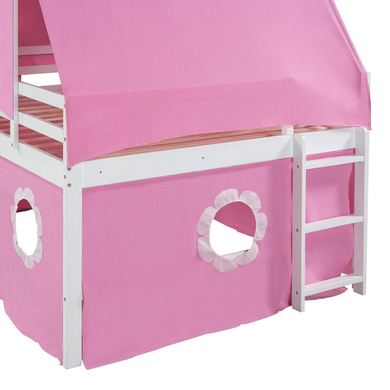 Lit mezzanine cabane grandeur nature en bois massif mignon avec toboggan, tente et tour pour enfants