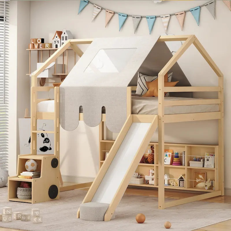 Lit mezzanine en bois massif avec tente et armoire en forme de voiture, cadre de lit mezzanine double/complet avec étagères de rangement et cadre de toit