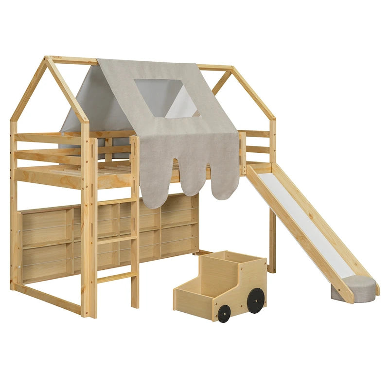 Solid Wood Loft Bed with Tent and Car Shaped Cabinet, Twin/Full Size Loft Bedframe with Storage Shelves and Roof Frame