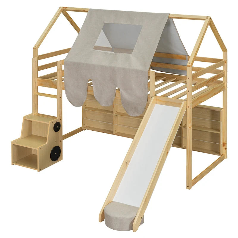 Lit mezzanine en bois massif avec tente et armoire en forme de voiture, cadre de lit mezzanine double/complet avec étagères de rangement et cadre de toit