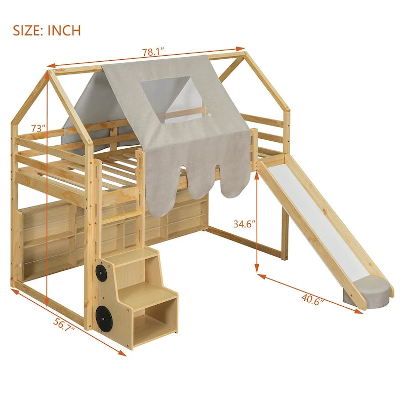 Lit mezzanine en bois massif avec tente et armoire en forme de voiture, cadre de lit mezzanine double/complet avec étagères de rangement et cadre de toit