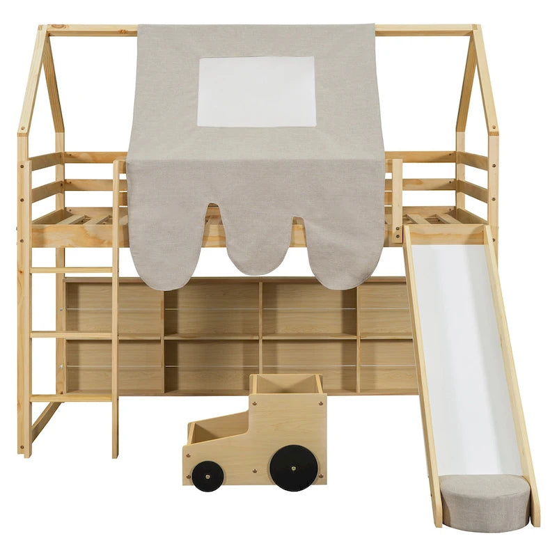 Lit mezzanine en bois massif avec tente et armoire en forme de voiture, cadre de lit mezzanine double/complet avec étagères de rangement et cadre de toit