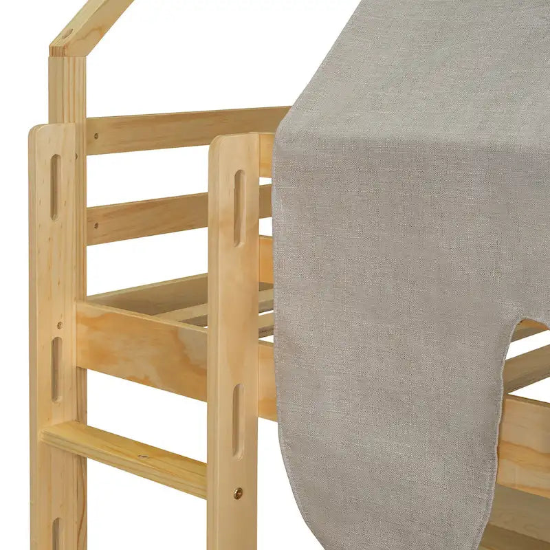 Lit mezzanine en bois massif avec tente et armoire en forme de voiture, cadre de lit mezzanine double/complet avec étagères de rangement et cadre de toit
