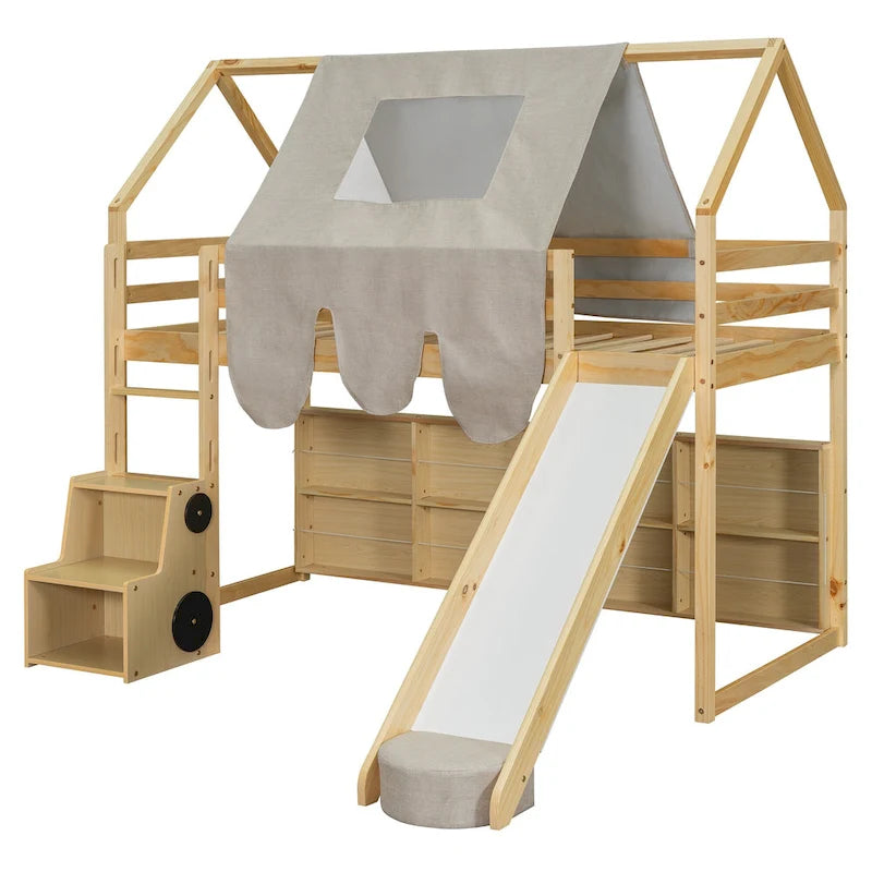 Lit mezzanine en bois massif avec tente et armoire en forme de voiture, cadre de lit mezzanine double/complet avec étagères de rangement et cadre de toit