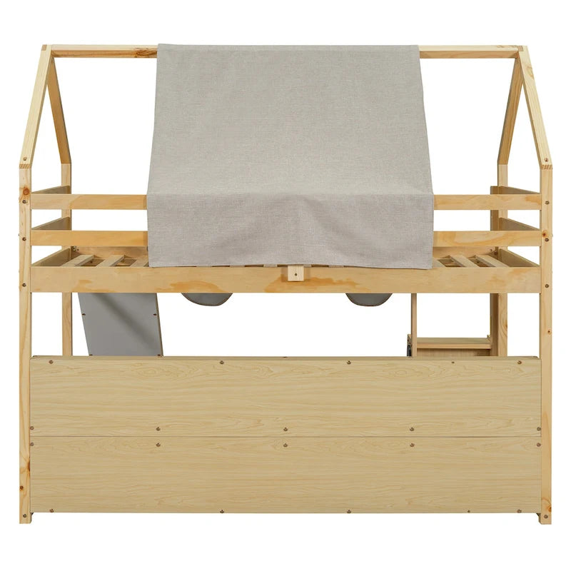 Lit mezzanine en bois massif avec tente et armoire en forme de voiture, cadre de lit mezzanine double/complet avec étagères de rangement et cadre de toit