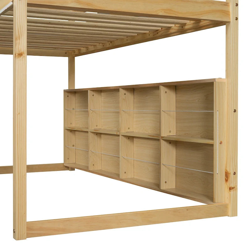 Lit mezzanine en bois massif avec tente et armoire en forme de voiture, cadre de lit mezzanine double/complet avec étagères de rangement et cadre de toit